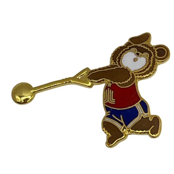 1980 Moscow Olympics Misha Bear Weightlifting Enamel Pin Soviet Games A562 - Picture 1 of 4